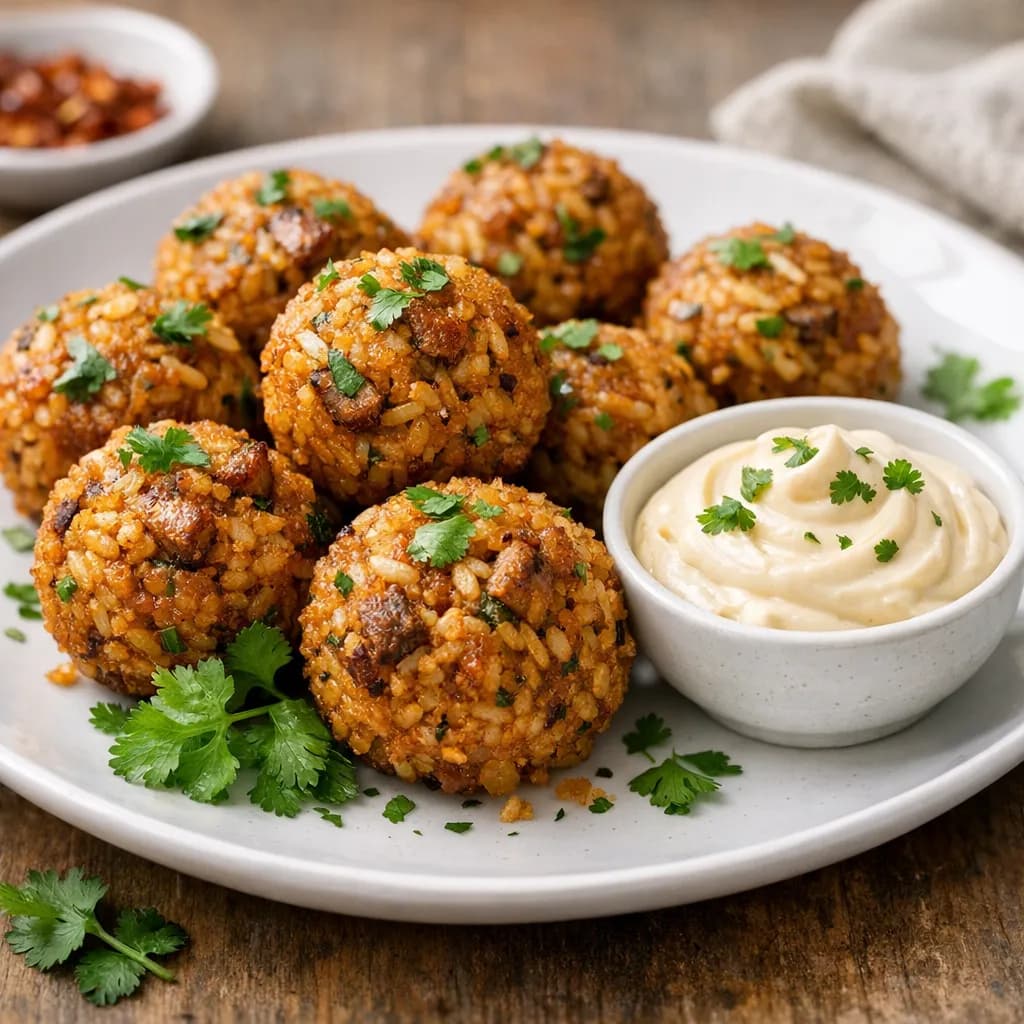 Spicy Soya Chunk Rice Balls with Mayo Dip