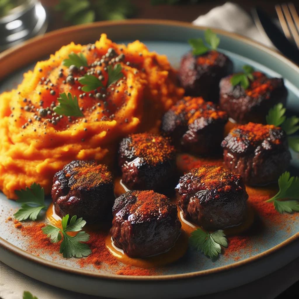Spicy Steak Bites with Sweet Potato Mash