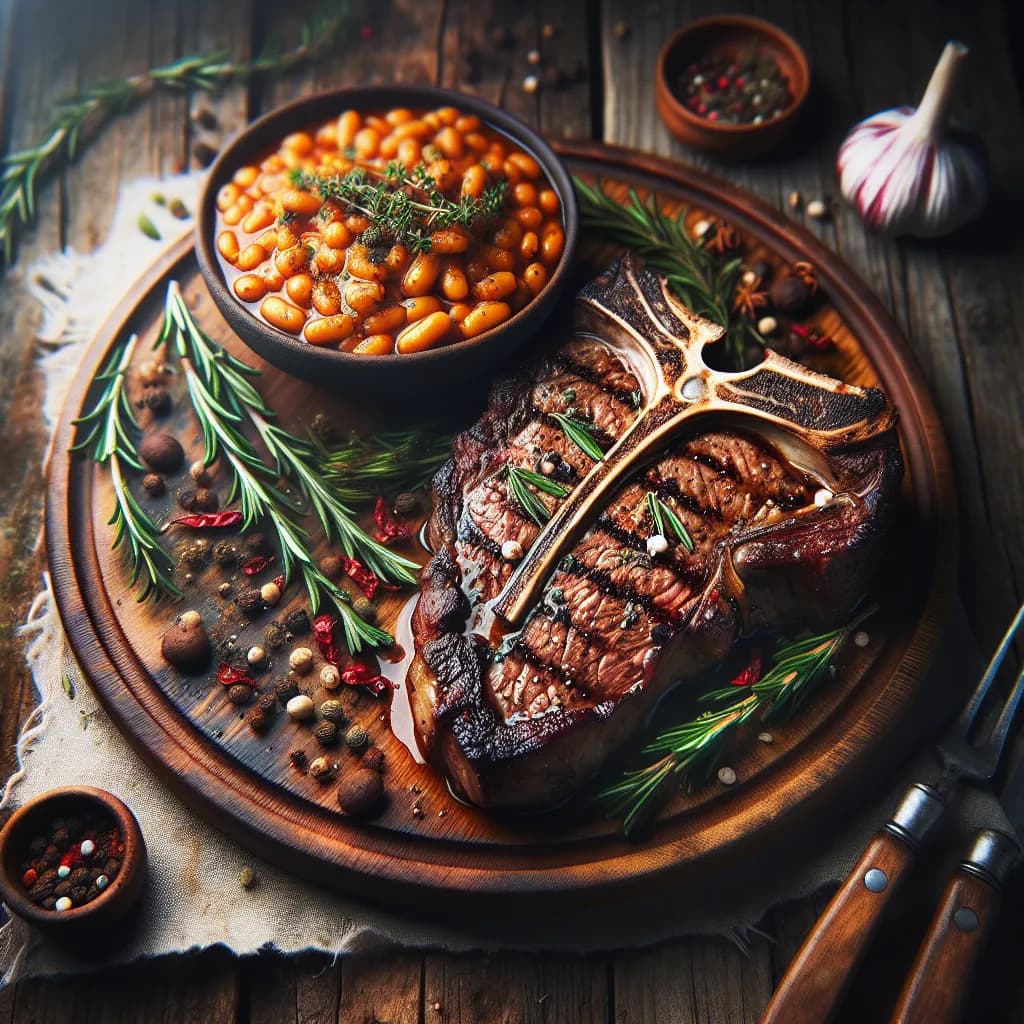 Spicy T-Bone Steak with Baked Beans