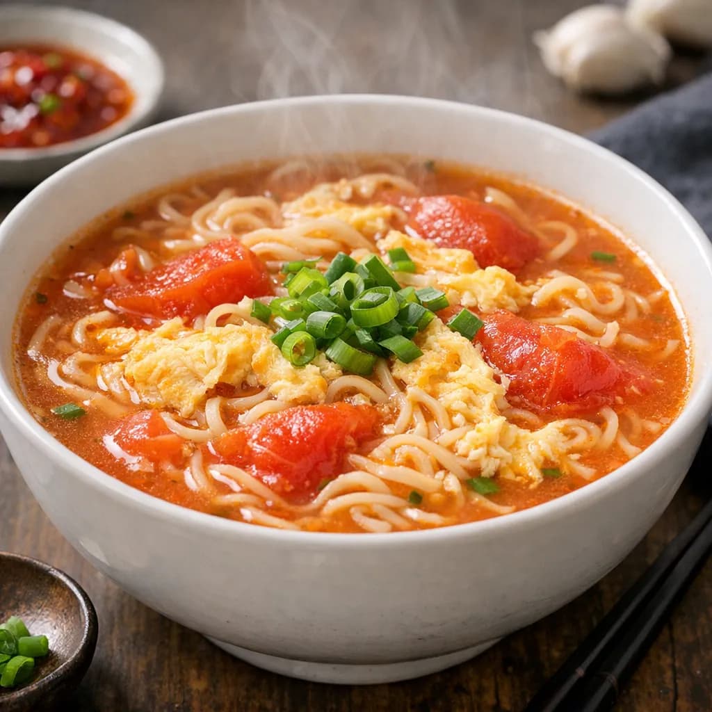 Spicy Tomato Egg Drop Noodle Soup
