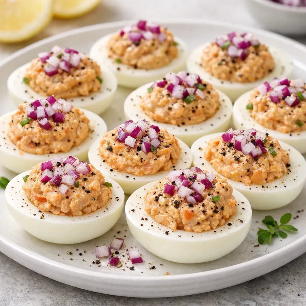 Spicy Tuna Hummus Stuffed Eggs