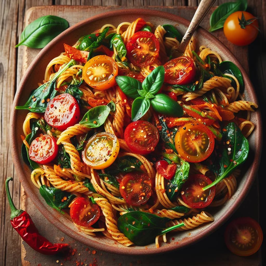 Spicy Vegan Spring Greens and Tomato Pasta