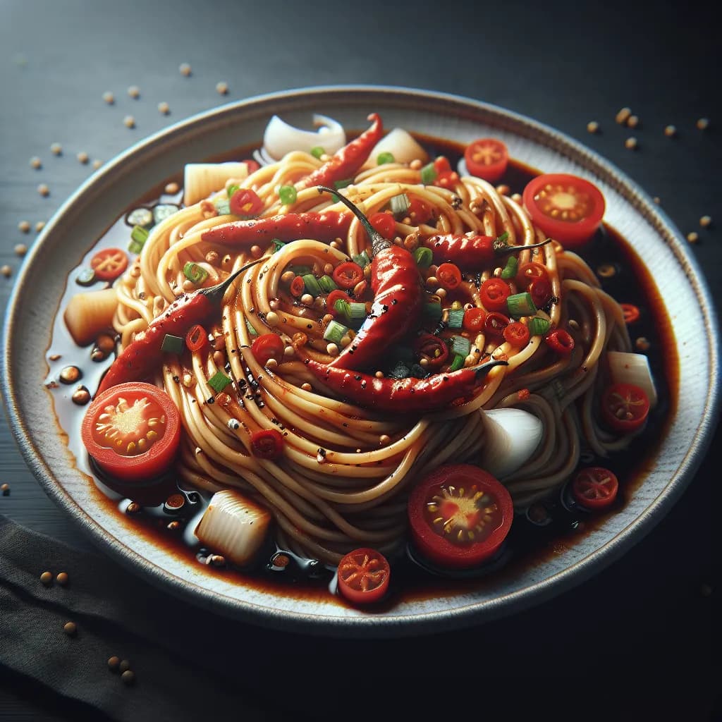 Spicy Wheat Noodles with Tomato and Onion