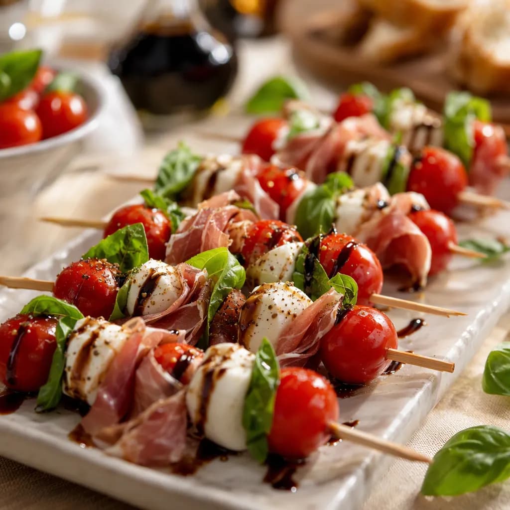 Spiedini caprese con prosciutto crudo e glassa balsamica