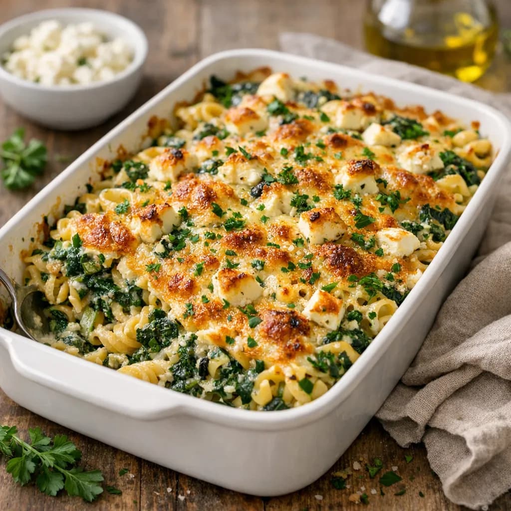 Spinat-Nudel-Auflauf mit Hirtenkäse