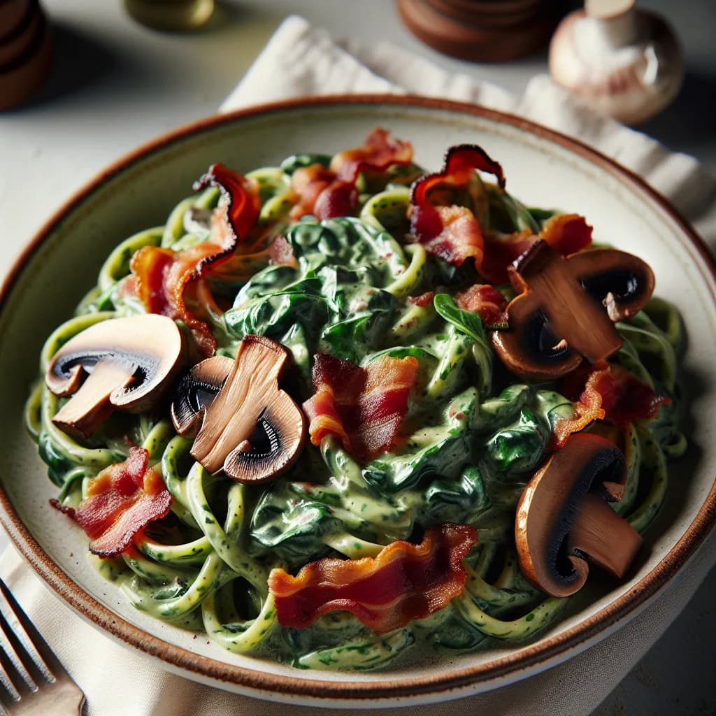 Spinat-Pasta mit Champignons und Speck