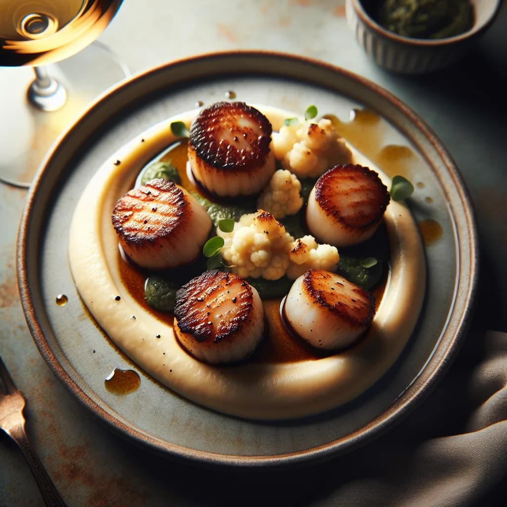 Starter: Seared Scallops with Cauliflower Puree