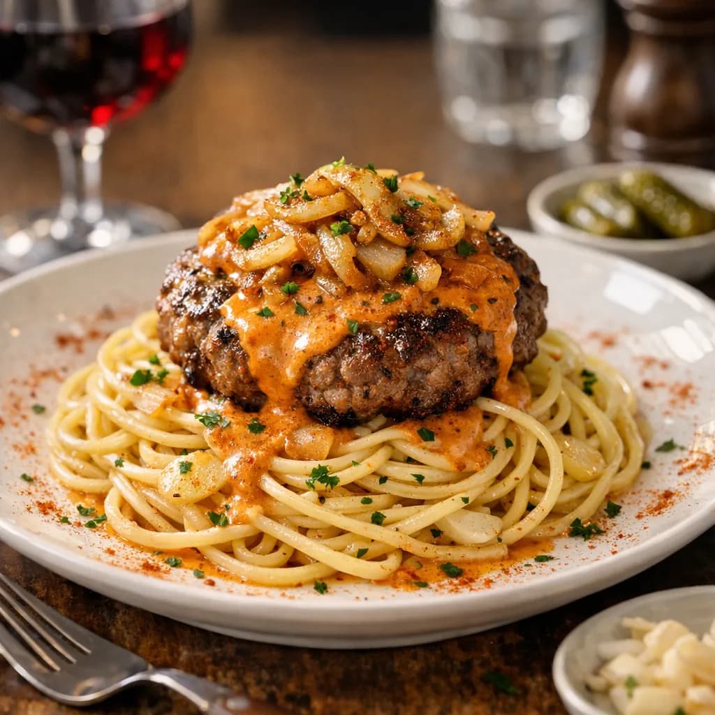 Steak haché à la crème de paprika, spaghetti à l’ail