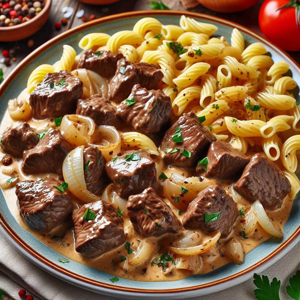 Stroganoff-Style Beef Tips with Elbow Noodles