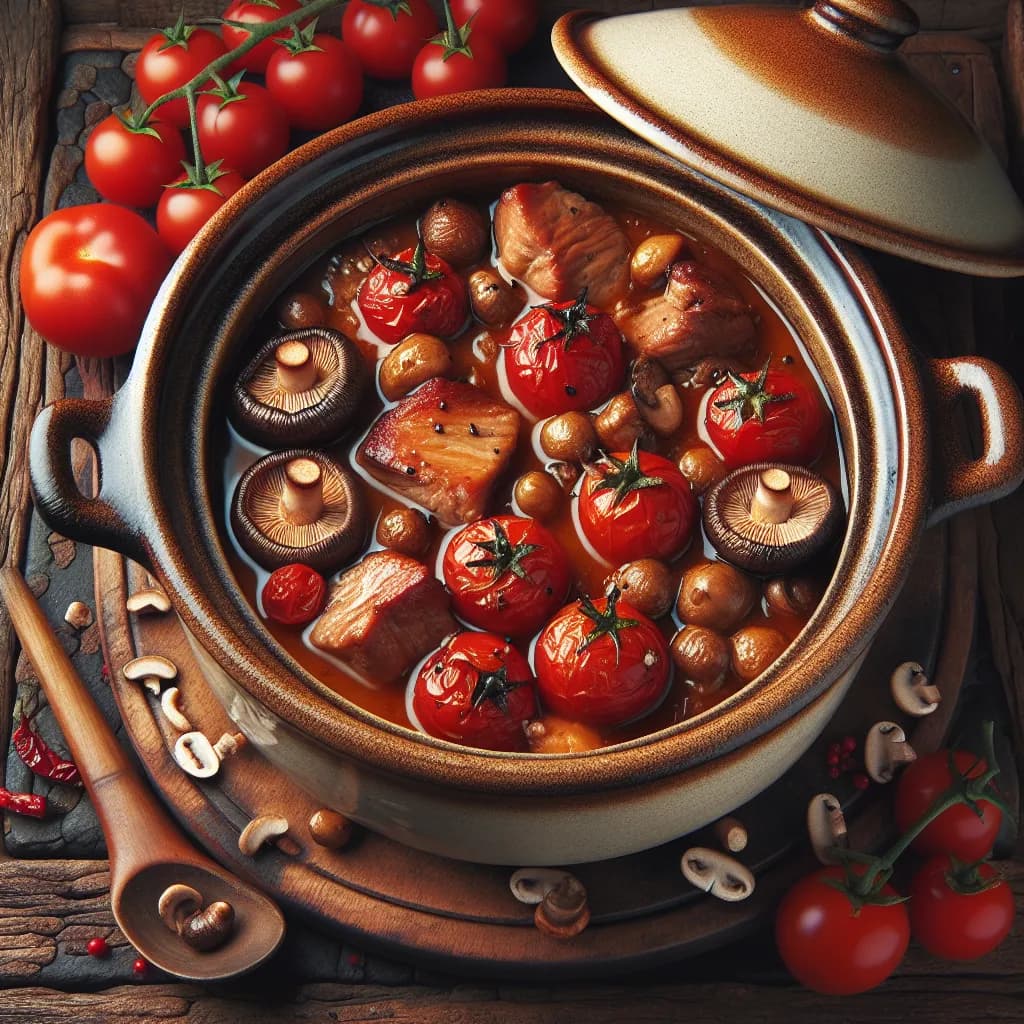Stufato di Maiale al Whisky con Pomodorini e Shiitake