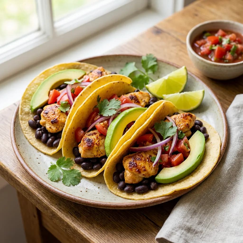 Tacos de pollo, frijoles negros y aguacate