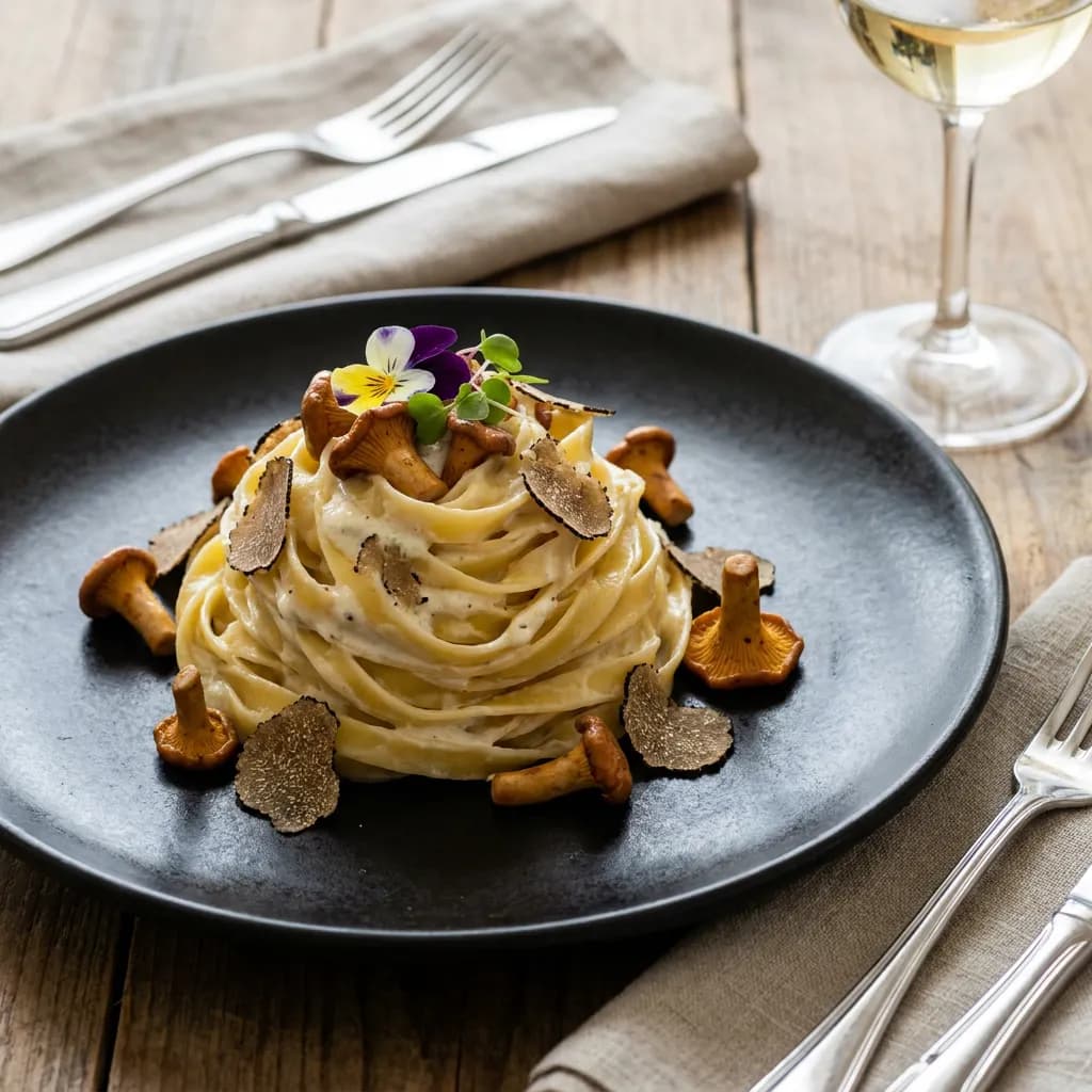 Tagliatelle con crema de ricotta, parmesano, setas y trufa