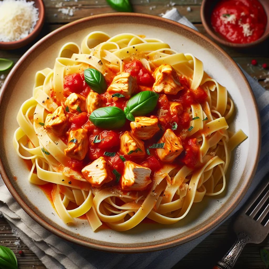 Tagliatelles au poulet et sauce tomate épicée