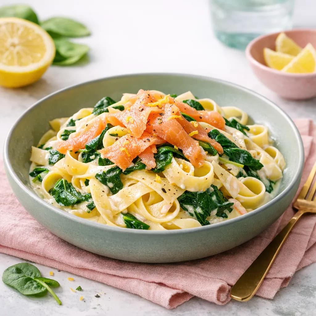 Tagliatelles au saumon et épinards