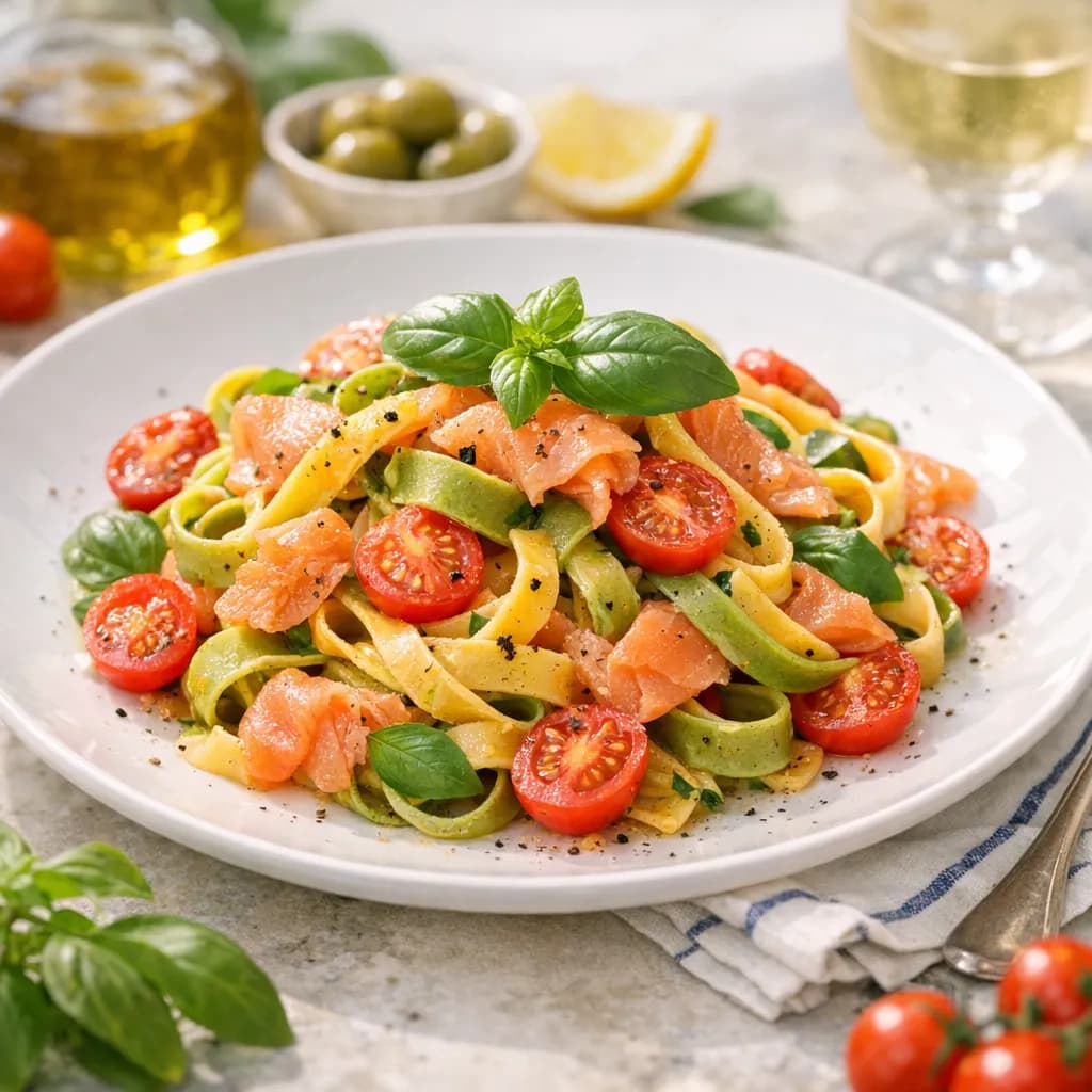 Tagliatelles au saumon, tomates cerises et basilic
