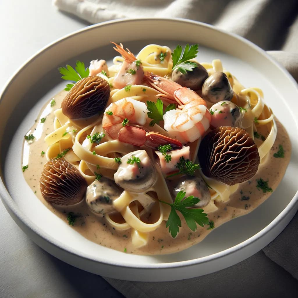 Tagliatelles aux morilles et fruits de mer à la crème légère