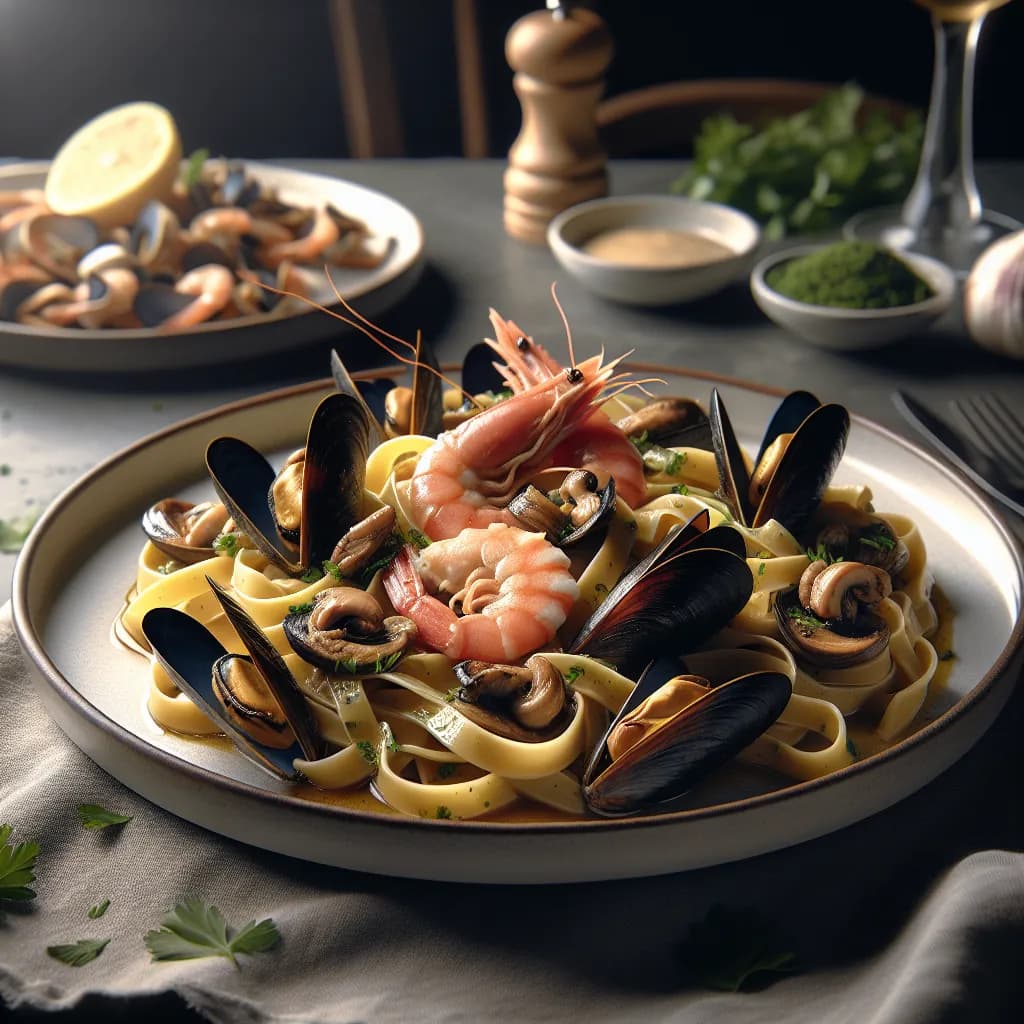 Tagliatelles aux morilles, crevettes et moules