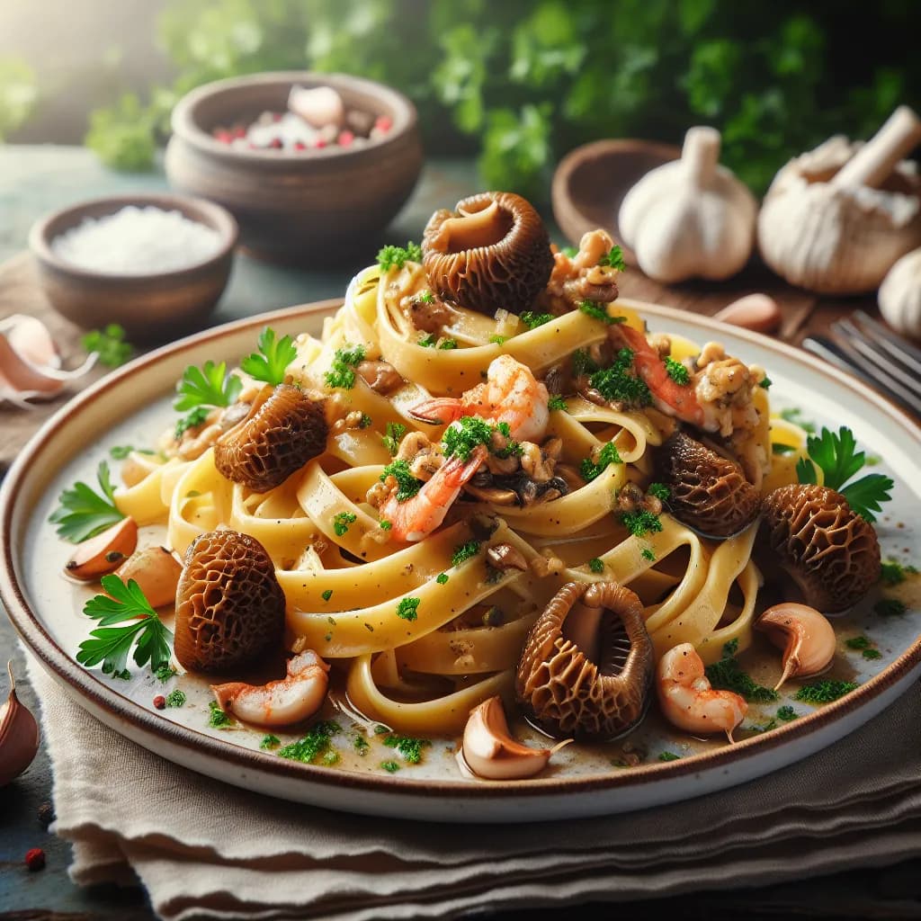 Tagliatelles aux morilles, fruits de mer et ail