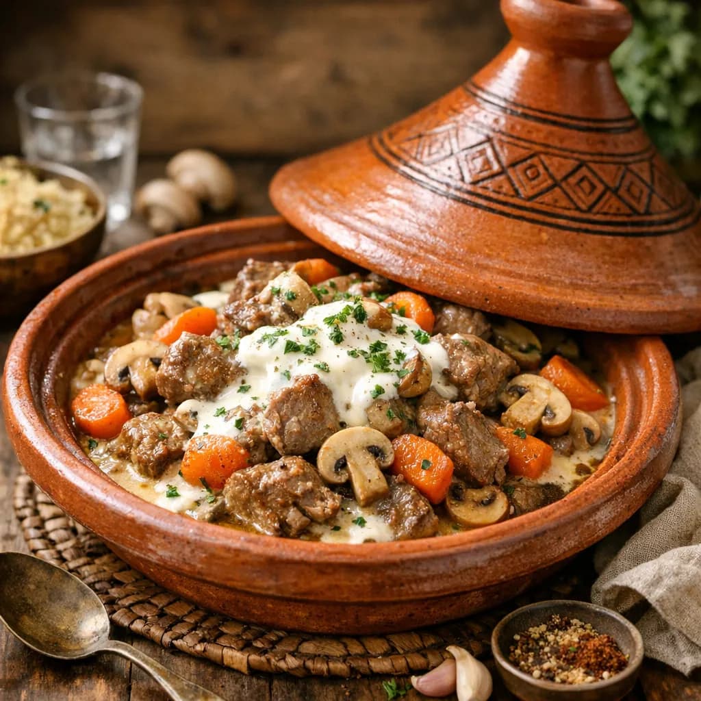 Tajine d'agneau aux champignons et crème fraîche