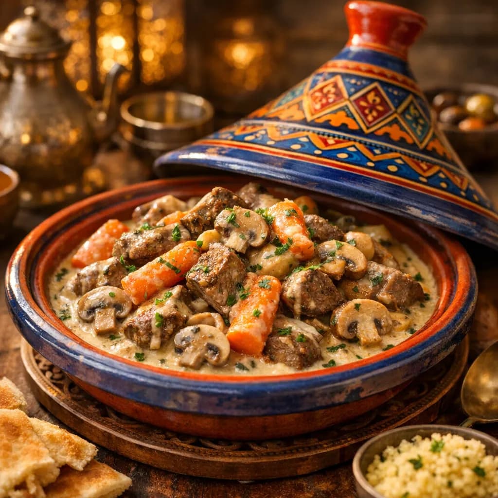 Tajine d'agneau aux champignons, carottes et crème