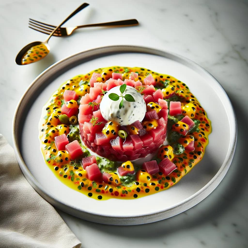 Tartare di Tonno con Salsa di Frutto della Passione e Stracciatella