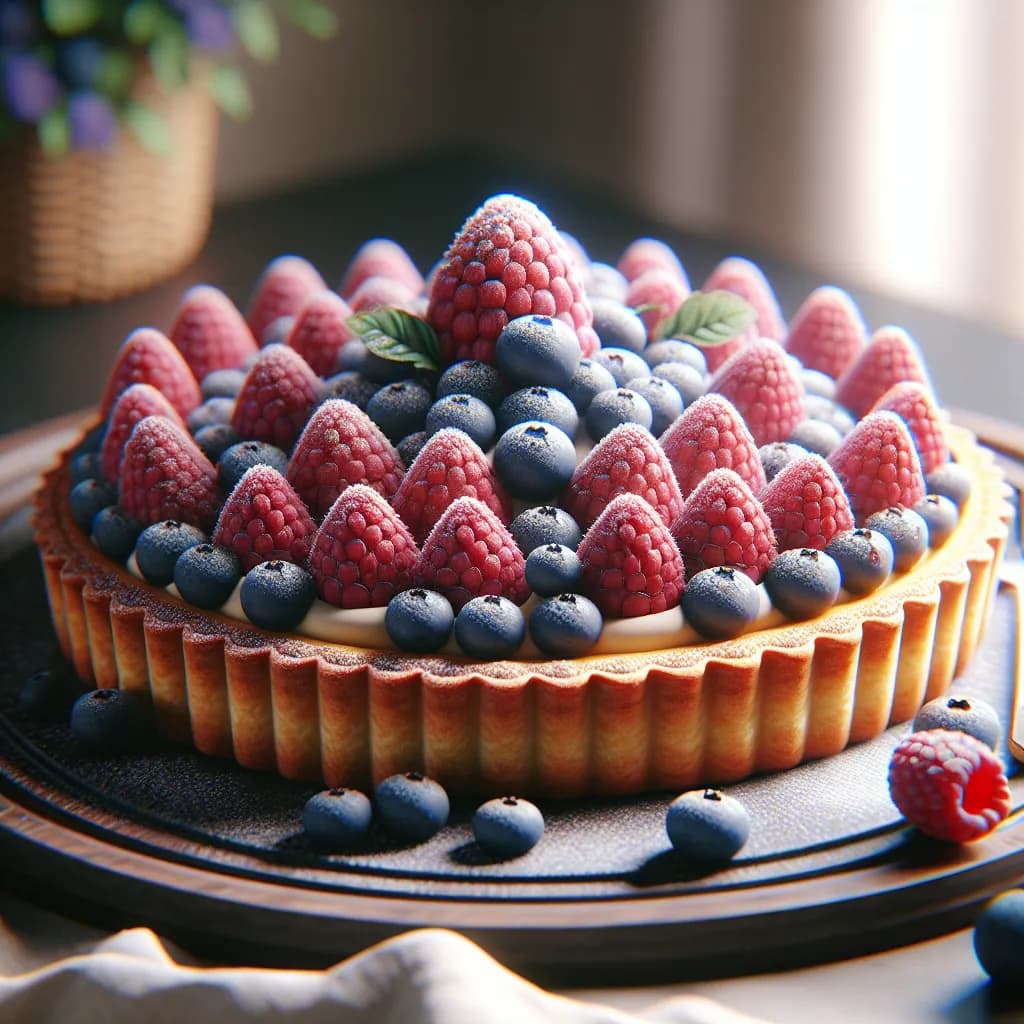 Tarte aux framboises et myrtilles