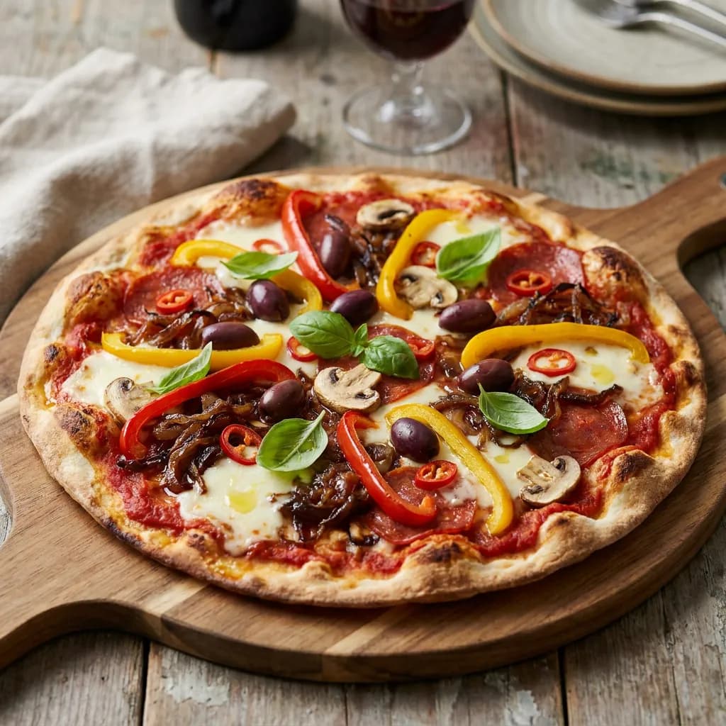 Tarte-pizza fine aux légumes, olives et pepperoni