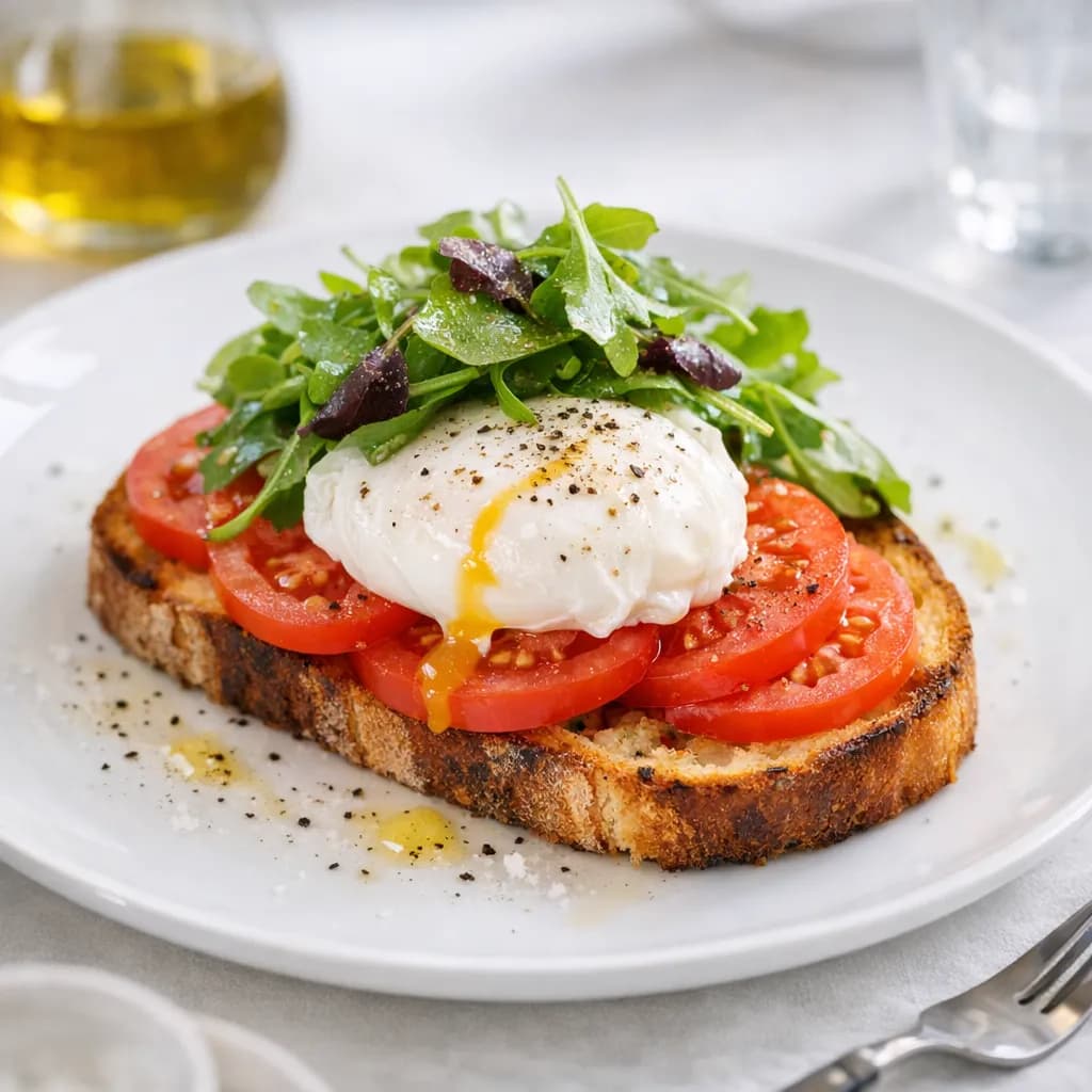 Tartine de pain grillé, œuf poché et salade de tomate