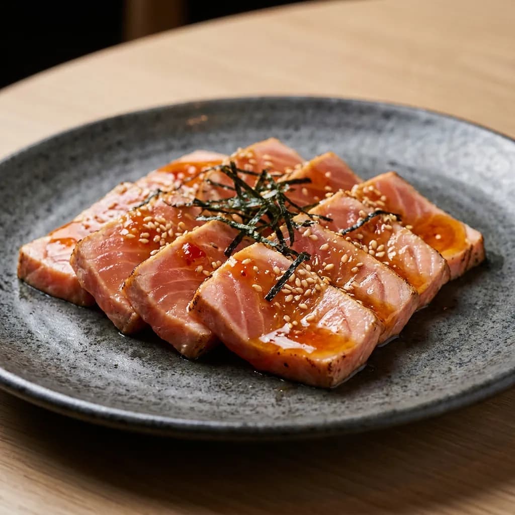 Tataki de salmón con glaseado de sweet chili y mirin