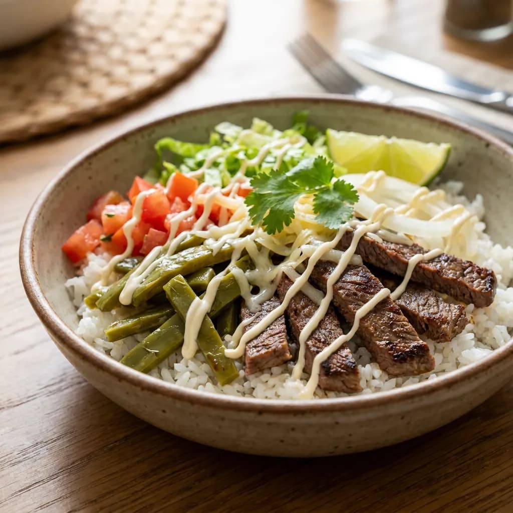 Tazón de arroz con bistec, nopales y queso manchego