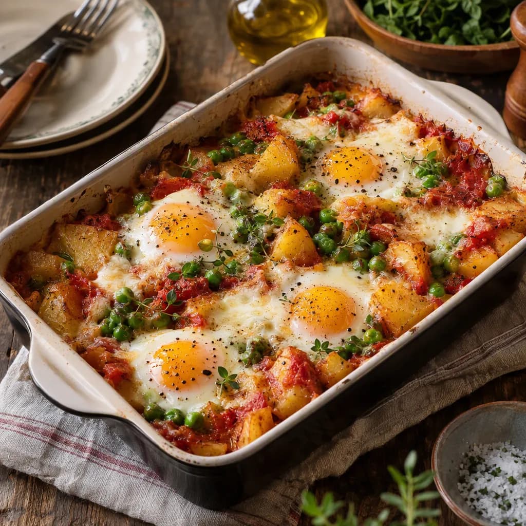 Teglia di uova, patate e piselli con fontina al pomodoro