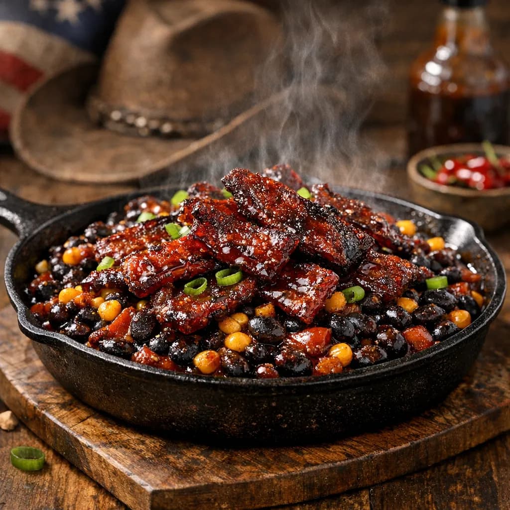 Texas BBQ Spicy Candied Bacon Bean Skillet