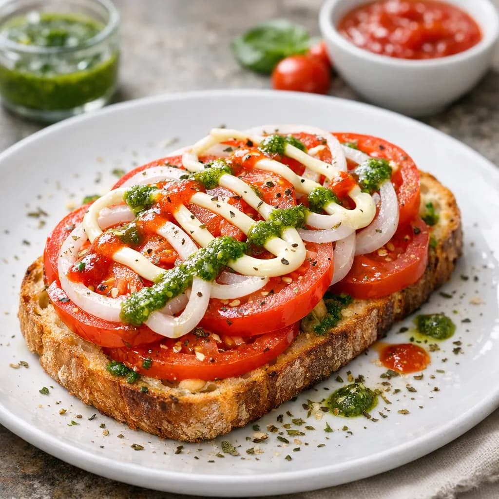 Tomato & Onion Open Sandwich with Green Sauce