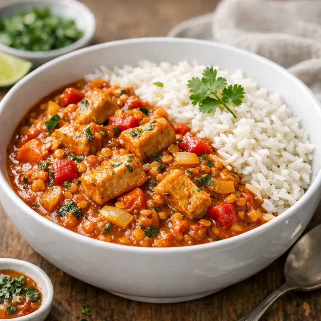 Tomato Coconut Fake Chicken Stew with Rice