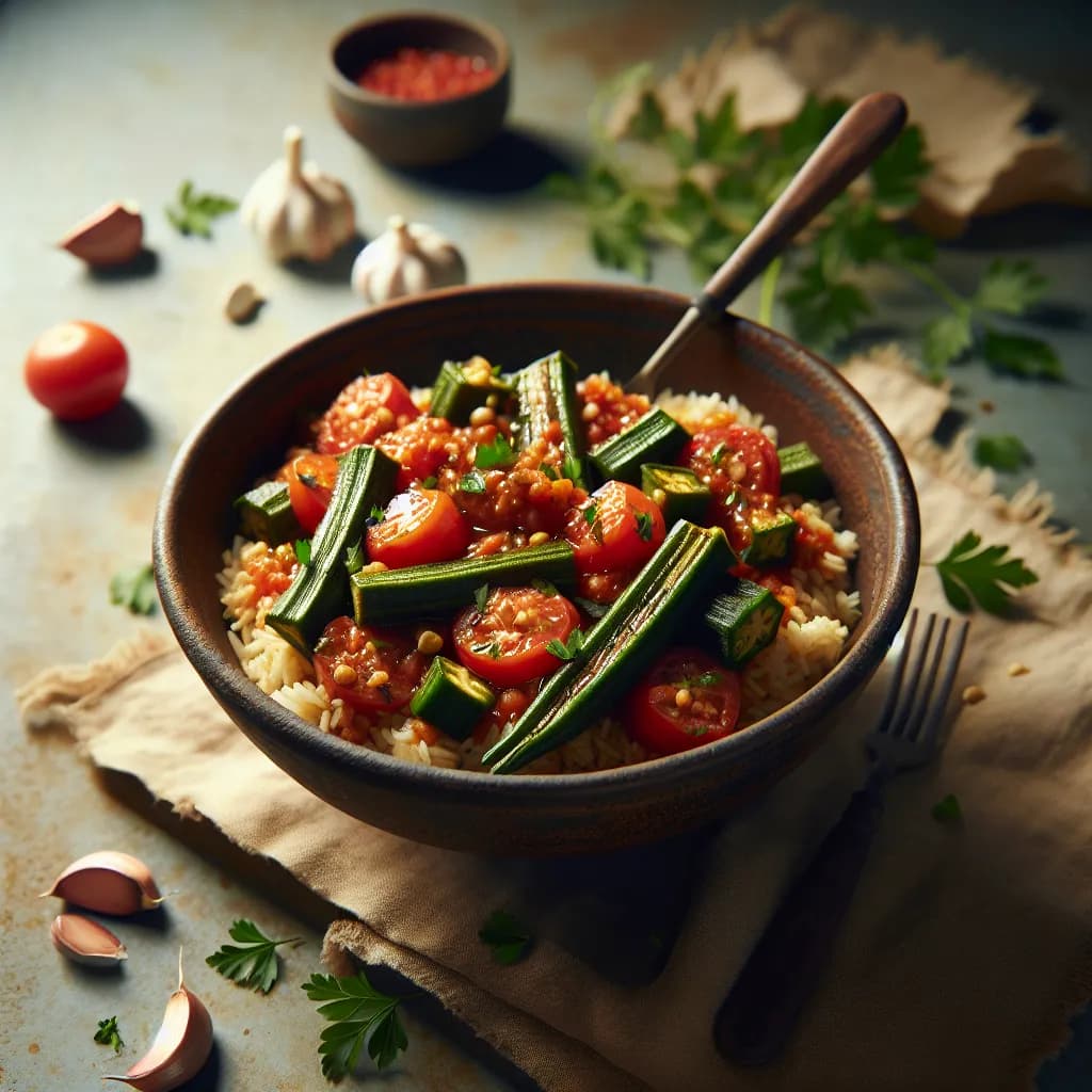 Tomato and Garlic Rice with Lady's Finger