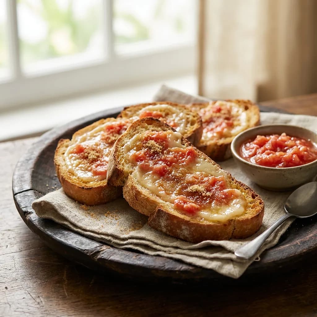 Tostadas caribeñas con tomate azúcar, bañadas en manteca, fáciles de hacer