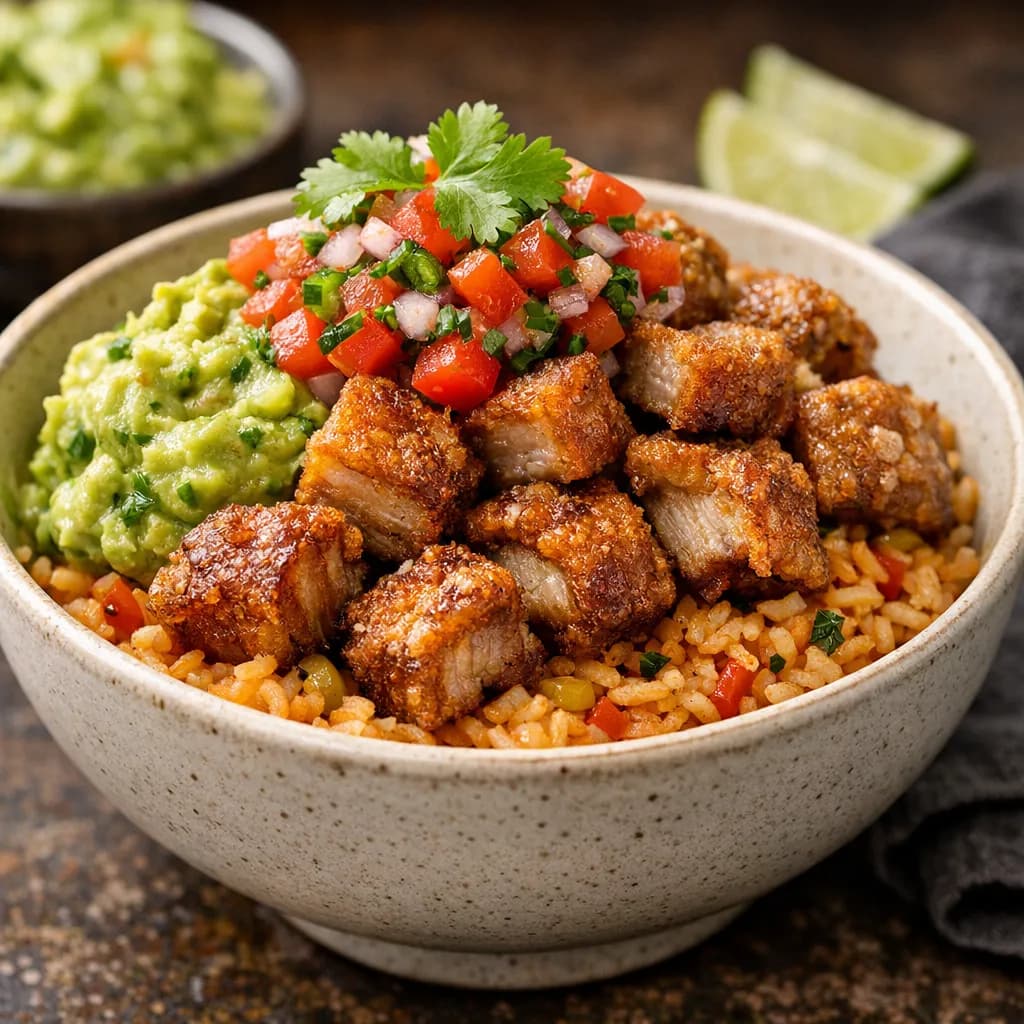Triple Cook Pork Belly Chichoron Bowl with Mexican Rice and Guacamole