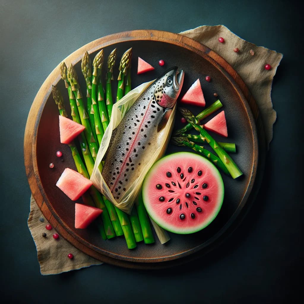 Trout en Papillote with Asparagus and Watermelon Radish