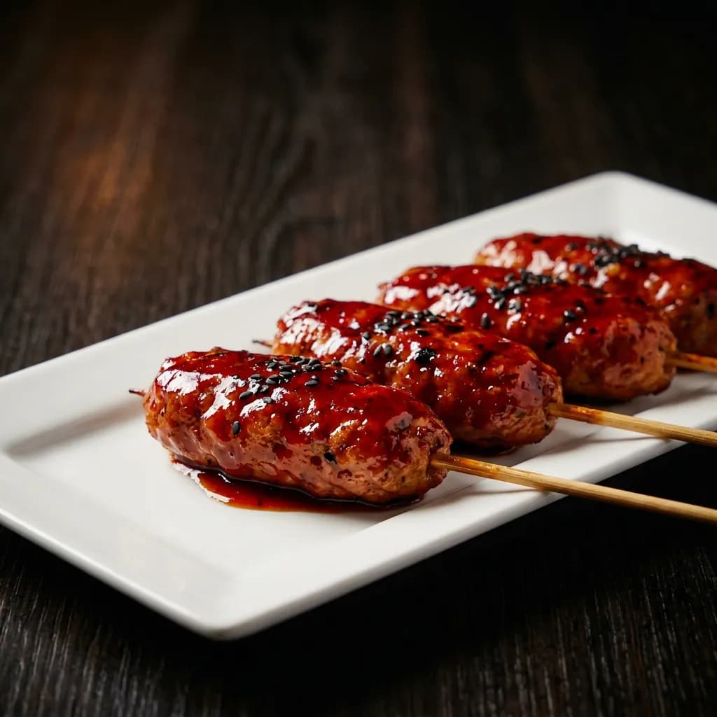 Tsukune de pollo lacado con sweet chili y sésamo