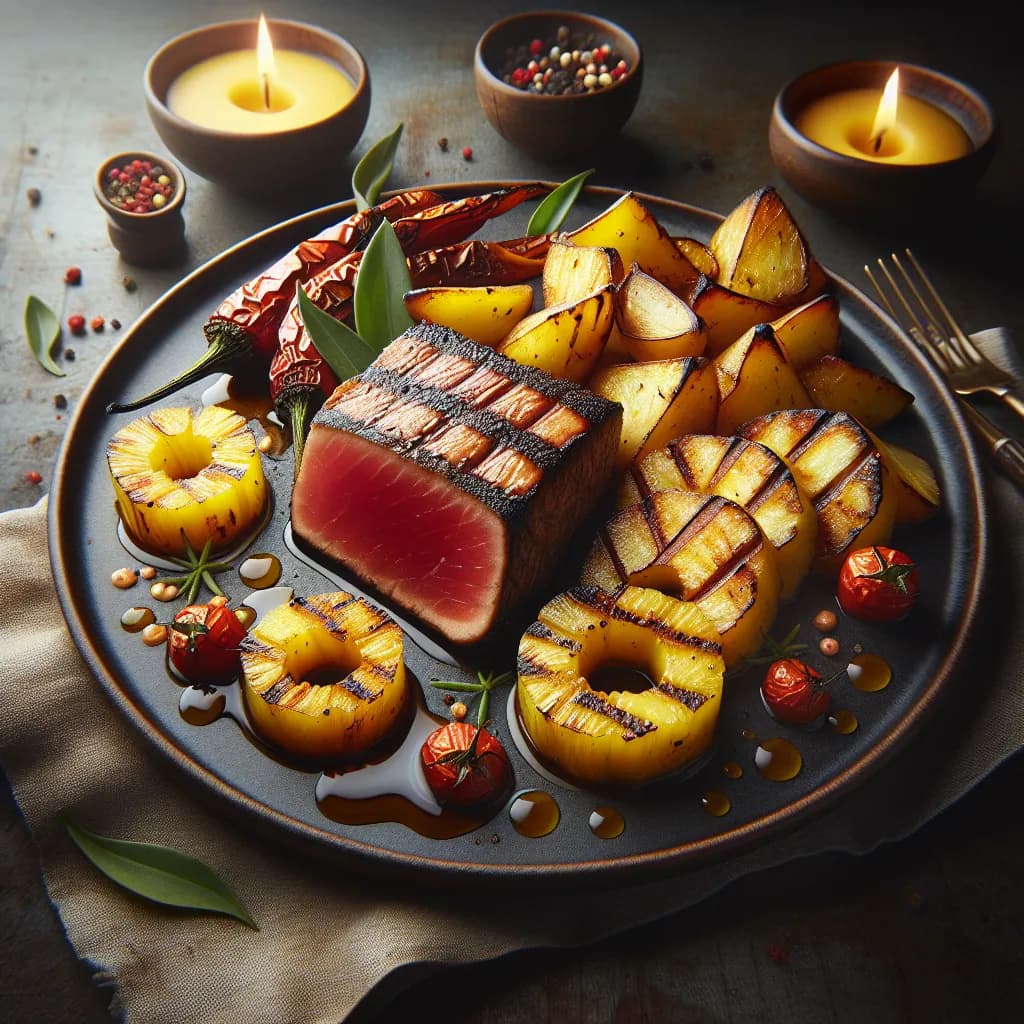 Tuna with Spicy Pineapple and Garlic Roasted Potatoes