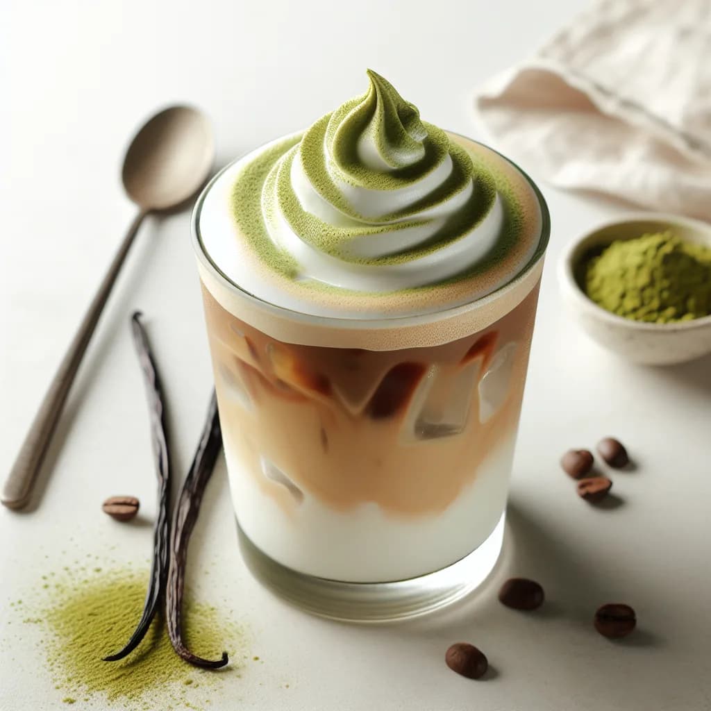 Vanille-Eiskaffee mit Matcha-Schaum
