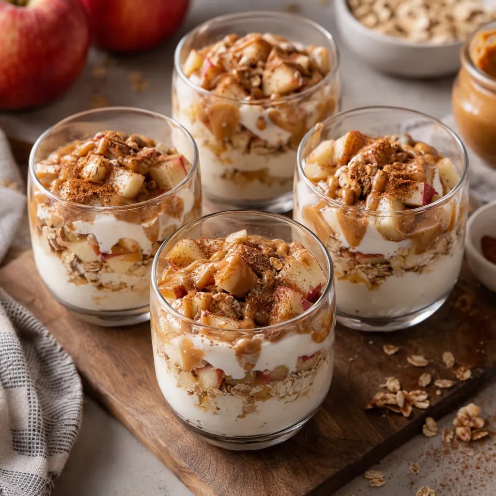 Vasitos de yogur con avena, manzana y crema de cacahuete