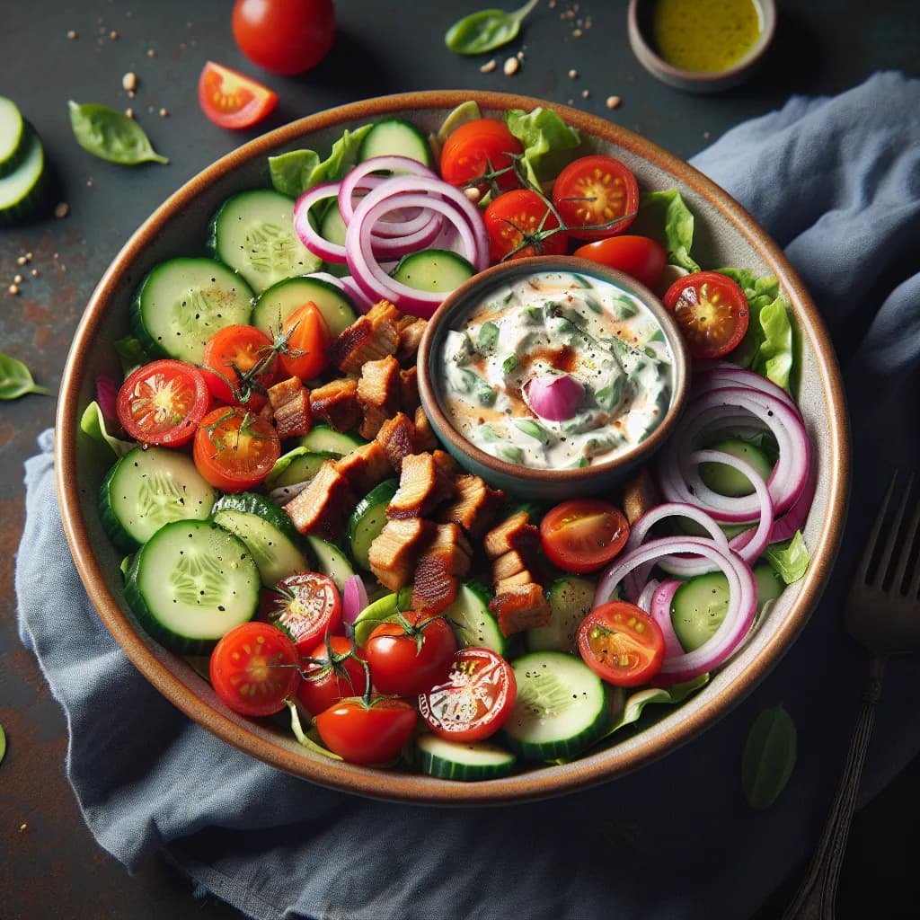Vegan Gyros Salat mit Zaziki-Dressing