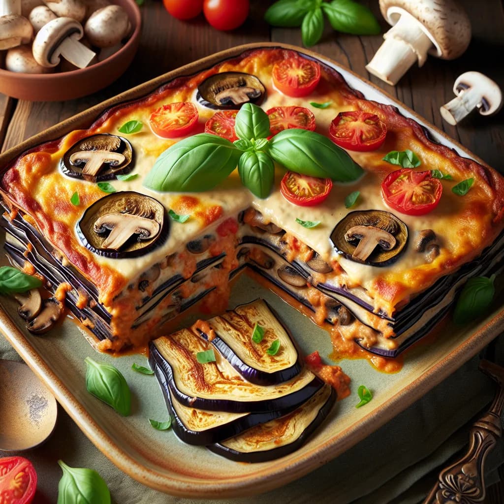 Vegane Lasagne mit Auberginen und Pilzen