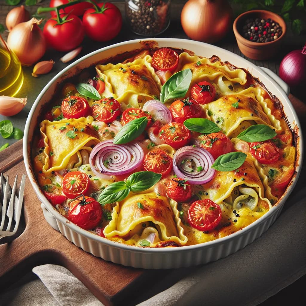 Veganer Maultaschen-Auflauf mit Zwiebeln