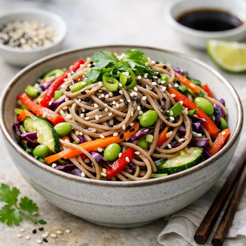 Veganer Sobanudelsalat mit Sesam und Gemüse