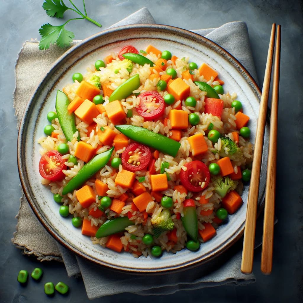 Vegetarian Fried Rice with Carrot, Tomato, and Peapod