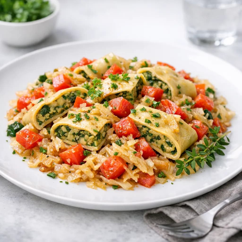 Vegetarische Maultaschenpfanne mit Sauerkraut und Tomaten