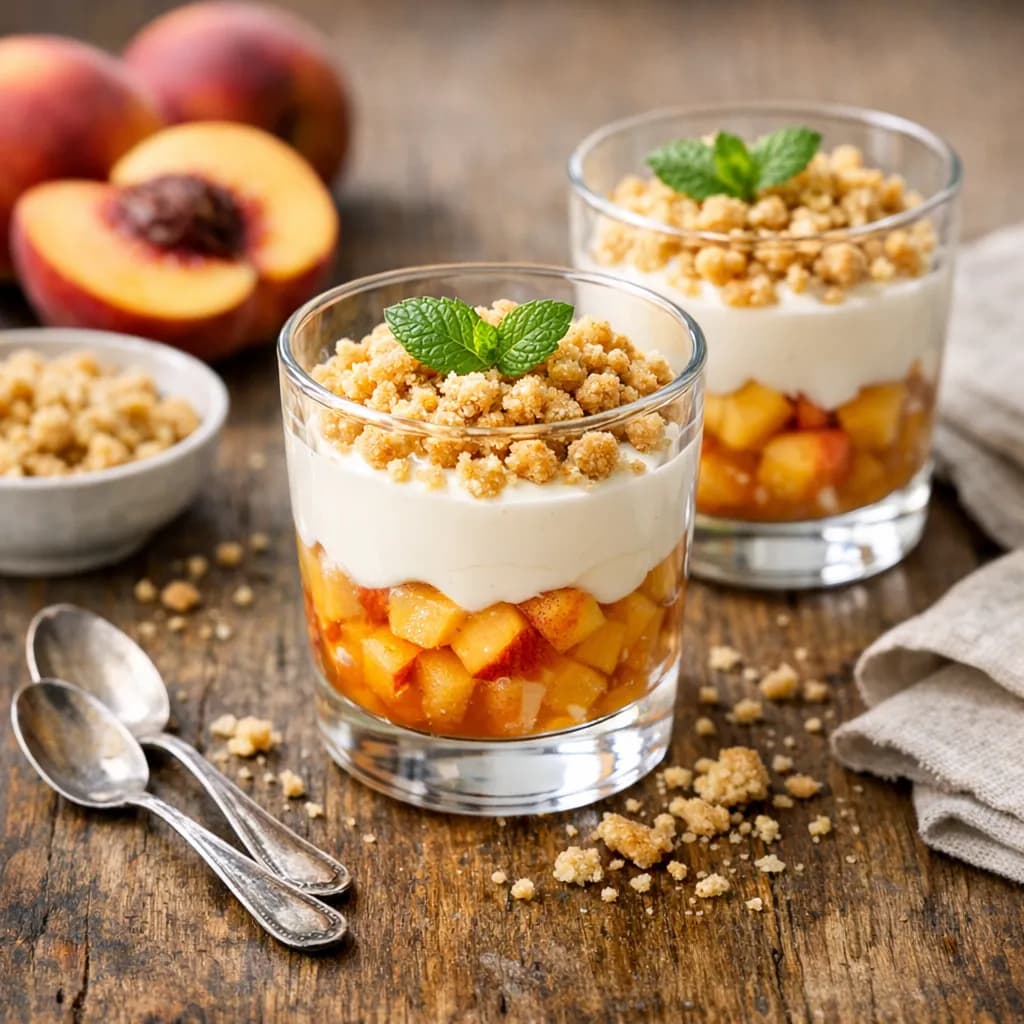 Verrines de pêche et crumble léger