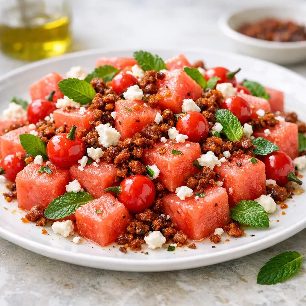 Watermelon & Roquito Pepper Salad with Chorizo Crumble